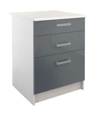 Kitchen base unit with 3 drawers - 60 x White melamine - Gray polymer front - BERLIOZ