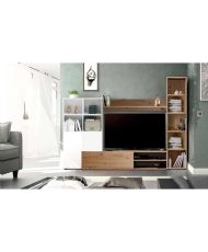 LYRA TV Unit Set: Showcase + TV unit + shelf - White and oak melamine - 3 Doors - 240 x 41 x 180 cm
