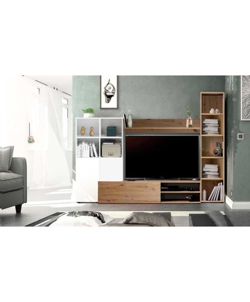 LYRA TV Unit Set: Showcase + TV unit + shelf - White and oak melamine - 3 Doors - 240 x 41 x 180 cm LYRA TV Unit Set: Showcase + TV unit + shelf - White and oak melamine - 3 Doors - 240 x 41 x 180 cm