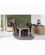 Ensemble Séjour - AUSTIN - Table salle à manger 170 x 90 cm - Vitrine - Enfilade 2 portes - chêne Hamilton et gris
