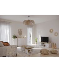 Ensemble Salon ACCESS : Table basse + Banc TV + Enfilade 4 portes - Decor chêne Hamilton et blanc