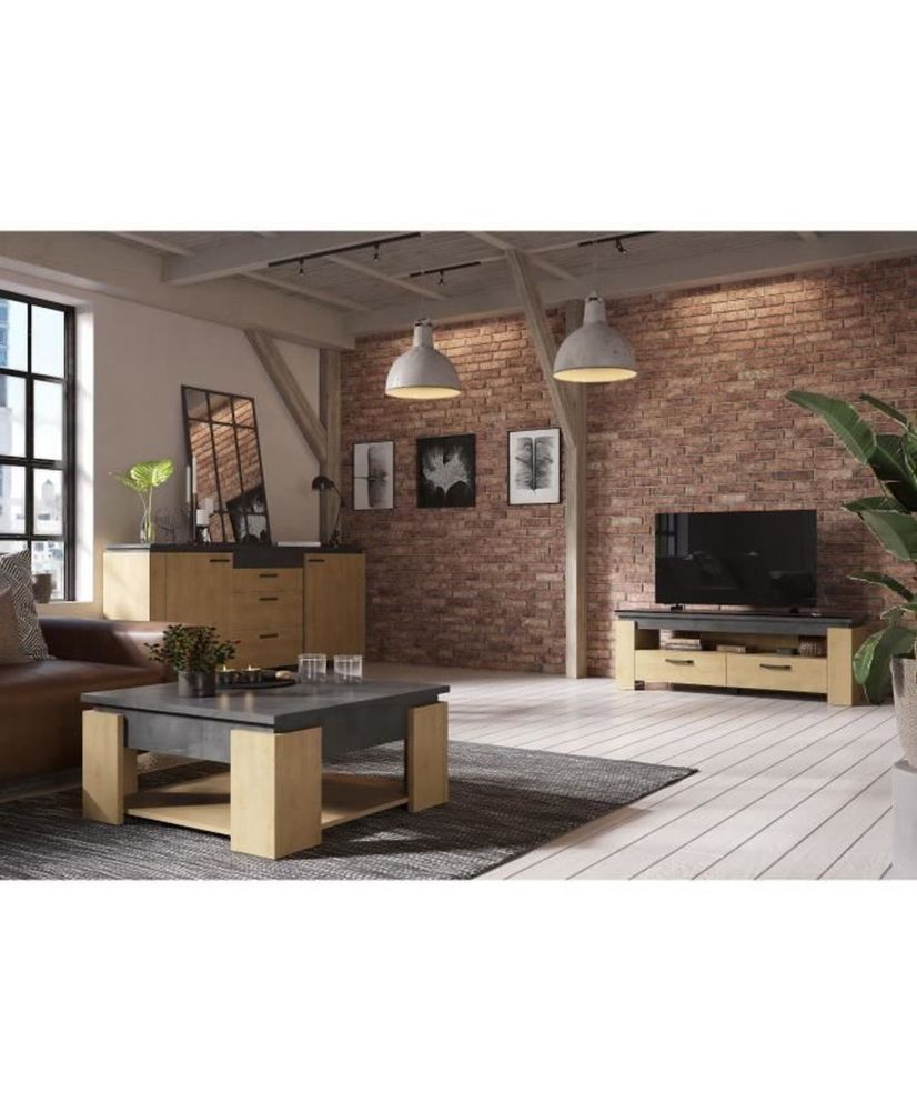 AUSTIN Wohnzimmer-Set: Couchtisch + TV-Bank + 2-türiges Sideboard – Hamilton-Eiche und Grau AUSTIN Wohnzimmer-Set: Couchtisch + TV-Bank + 2-türiges Sideboard – Hamilton-Eiche und Grau