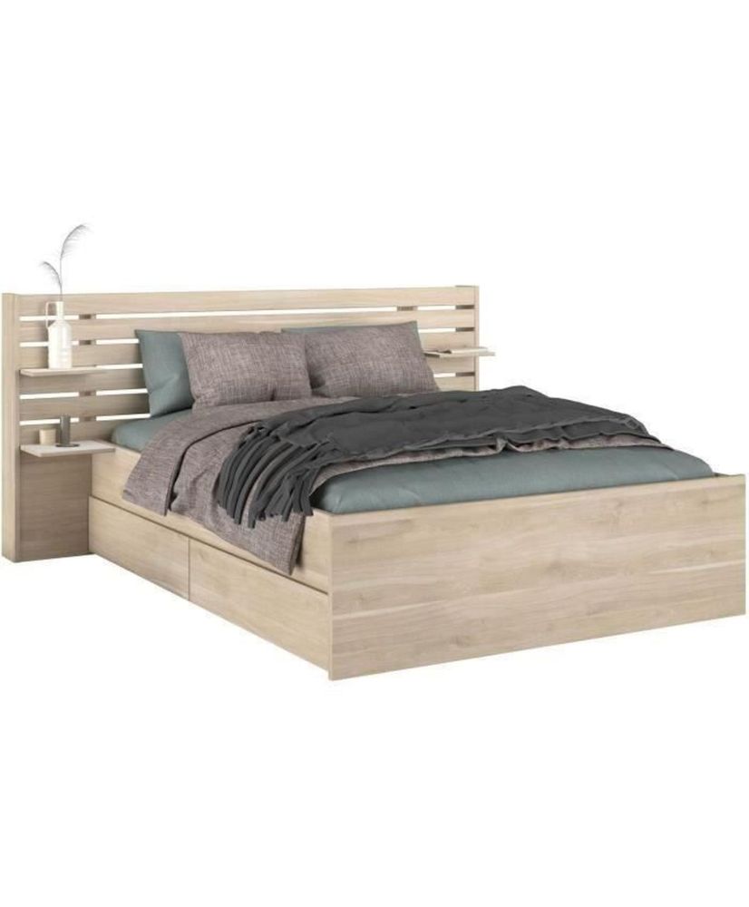 ESCALE Erwachsenenbett 160 x 200 cm – Japanische Eiche – 2 Schubladen + Kopfteil – 222,8 x 98,2 x 216,8 cm ESCALE Erwachsenenbett 160 x 200 cm – Japanische Eiche – 2 Schubladen + Kopfteil – 222,8 x 98,2 x 216,8 cm
