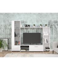 Meuble TV paroi Particules mélaminé -blanc mat - porte vitrée + 1 abattant + 5 niches - 220 x 41 x 177,5 cm