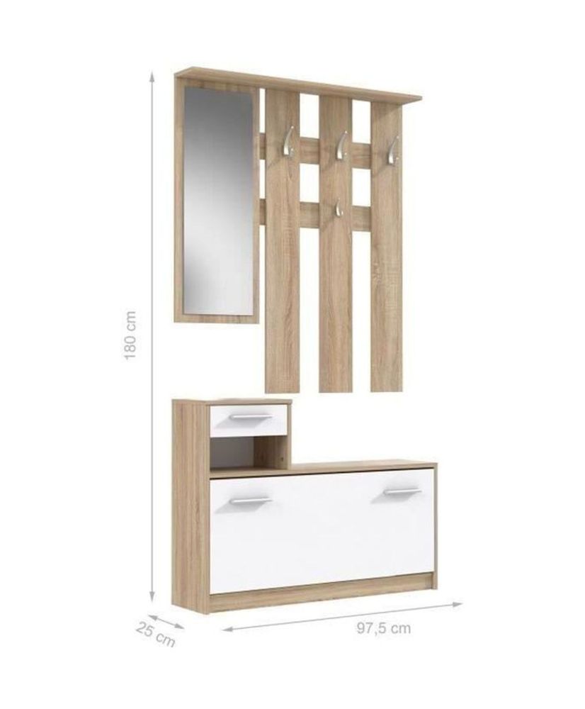 PEILI Entrance cloakroom with Scandinavian oak and white mirror - 97 cm PEILI Entrance cloakroom with Scandinavian oak and white mirror - 97 cm