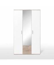 Aufklappbarer Kleiderschrank – Spanplatte – Weiß und Eiche – 3 Türen und 2 Schubladen + Spiegel – 121 x 54 x 200,1 cm – SELKEA