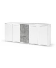 Buffet bas - Panneaux de particules - Blanc et gris béton - 4 portes + 3 tiroirs - 179 x 42 x 74,5 cm