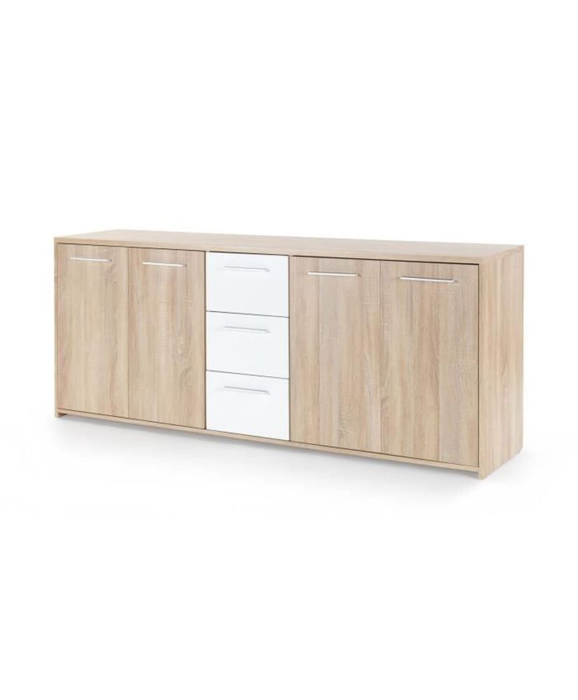 Niedriges Sideboard mit 4 Türen und 3 Schubladen – Mattweiß und Sonoma-Eiche – 179,2 x 42 x 74,5 cm Niedriges Sideboard mit 4 Türen und 3 Schubladen – Mattweiß und Sonoma-Eiche – 179,2 x 42 x 74,5 cm