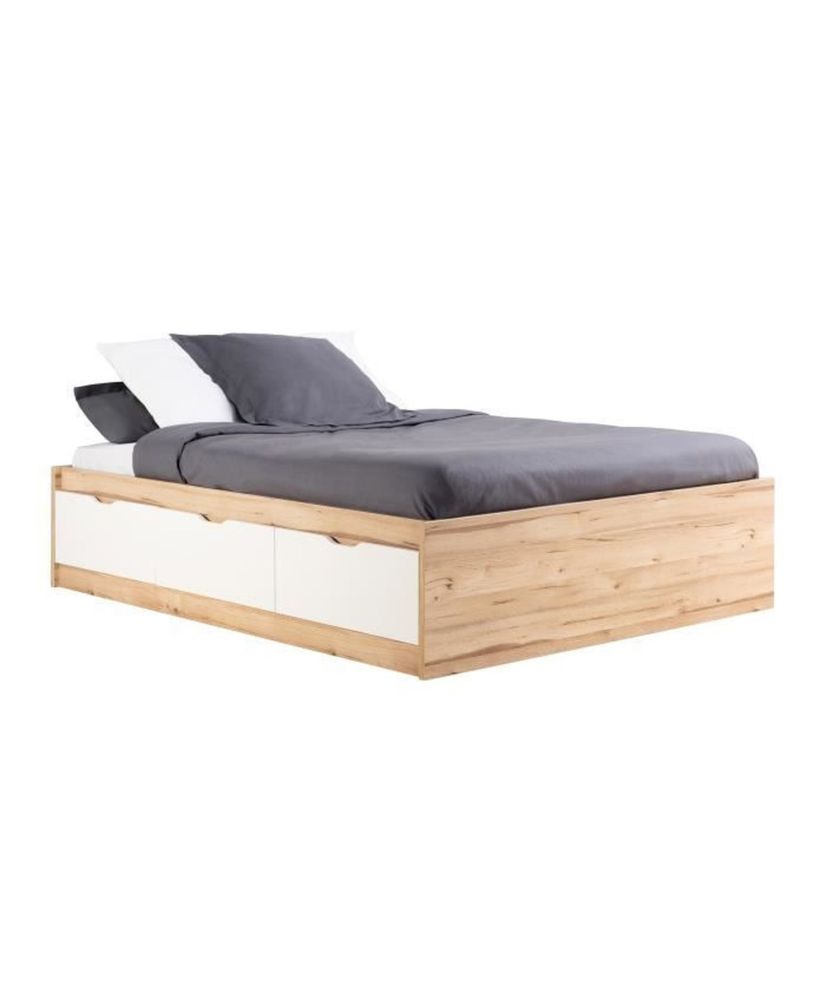 Scandinavian adult bed with 3 oak and matt white drawers - 140 x 190 cm VANKKA Scandinavian adult bed with 3 oak and matt white drawers - 140 x 190 cm VANKKA