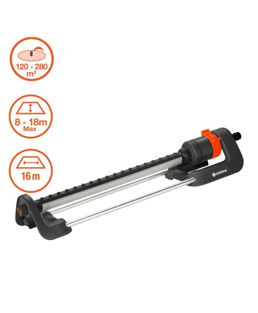 Irrigatore oscillante GARDENA Aqua L - Superficie 280 m² - Portata max 18 m - Resistente ai raggi UV e al gelo Irrigatore oscillante GARDENA Aqua L - Superficie 280 m² - Portata max 18 m - Resistente ai raggi UV e al gelo