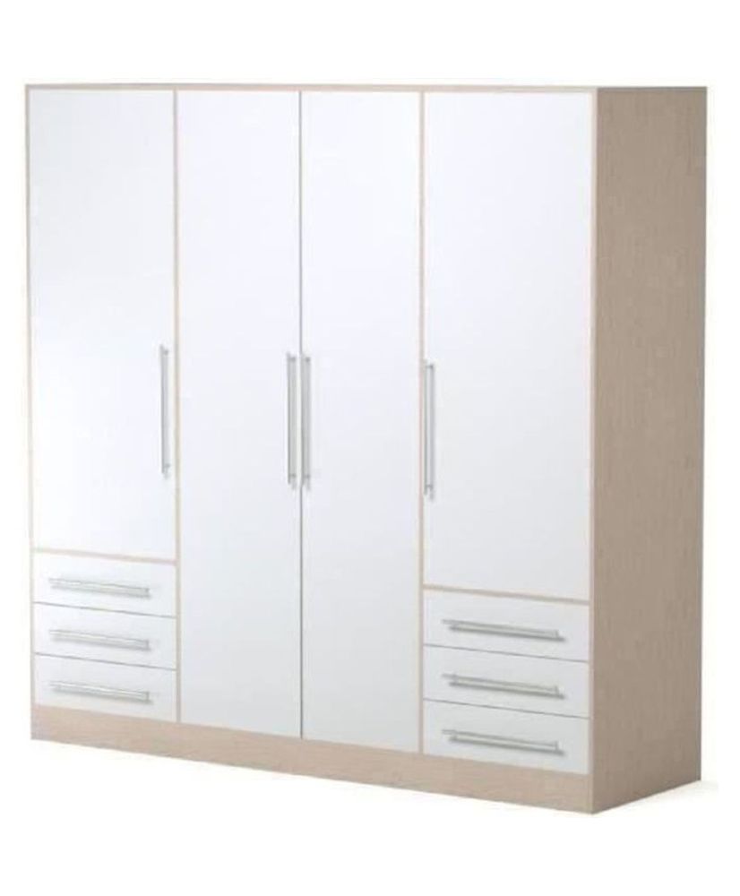 Kleiderschrank 4 Flügeltüren + 6 Schubladen – Spanplatte – Eiche und Weiß – 206 x 60 x 200 cm Kleiderschrank 4 Flügeltüren + 6 Schubladen – Spanplatte – Eiche und Weiß – 206 x 60 x 200 cm