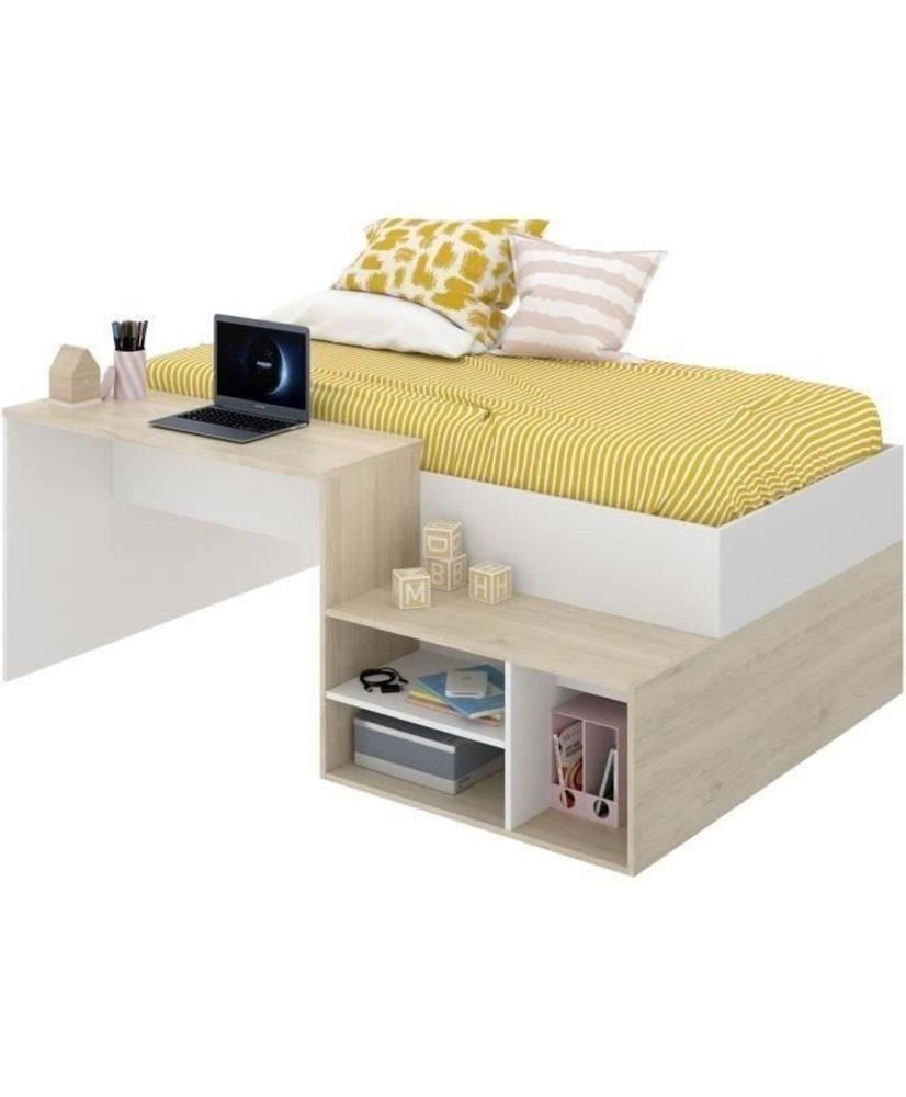 KRIC children's combined bed - natural oak and white - Desk and storage - 90 x 190 cm KRIC children's combined bed - natural oak and white - Desk and storage - 90 x 190 cm