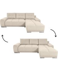 Umwandelbares Ecksofa LOUNGITUDE CABELLO aus beigem Stoff mit Truhe und abgerundeten Nähten