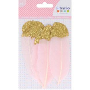 6 plumas de color rosa pálido con brillo dorado