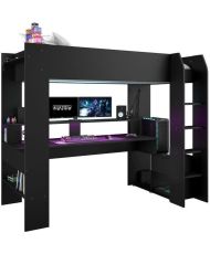 Lit mezzanine combiné enfant LED Gamer ONLINE - 90 x 200 cm - Noir mat - Sommier inclus 