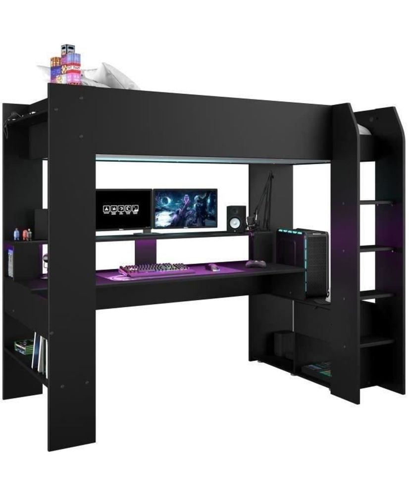Letto per bambini combinato a soppalco LED Gamer ONLINE - 90 x 200 cm - Nero opaco - Rete inclusa Letto per bambini combinato a soppalco LED Gamer ONLINE - 90 x 200 cm - Nero opaco - Rete inclusa