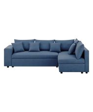 Canapé d'angle à droite convertible + Coffre de rangement + 4 coussins - Tissu Bleu - OWENS - 250 x 163 x 88 cm