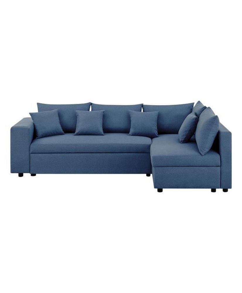 Canapé d'angle à droite convertible + Coffre de rangement + 4 coussins - Tissu Bleu - OWENS - 250 x 163 x 88 cm Canapé d'angle à droite convertible + Coffre de rangement + 4 coussins - Tissu Bleu - OWENS - 250 x 163 x 88 cm