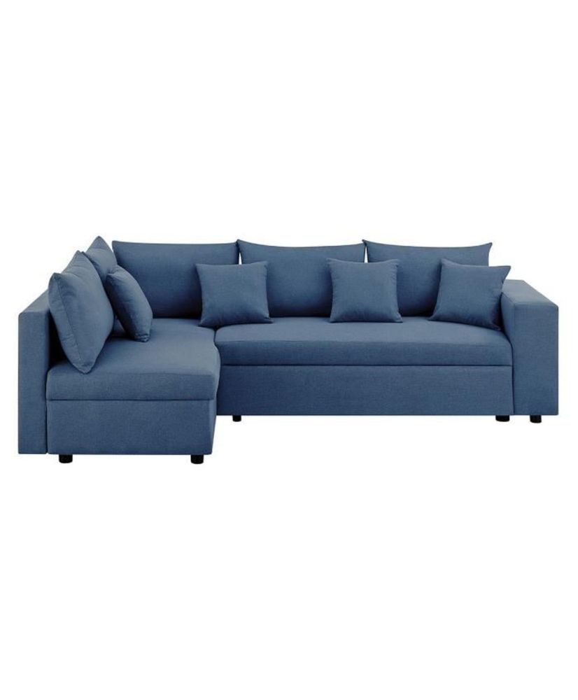 Canapé d'angle à gauche convertible + coffre de rangement + 4 coussins - Tissu Bleu - 250 x 163 x 88 cm - OWENS Canapé d'angle à gauche convertible + coffre de rangement + 4 coussins - Tissu Bleu - 250 x 163 x 88 cm - OWENS