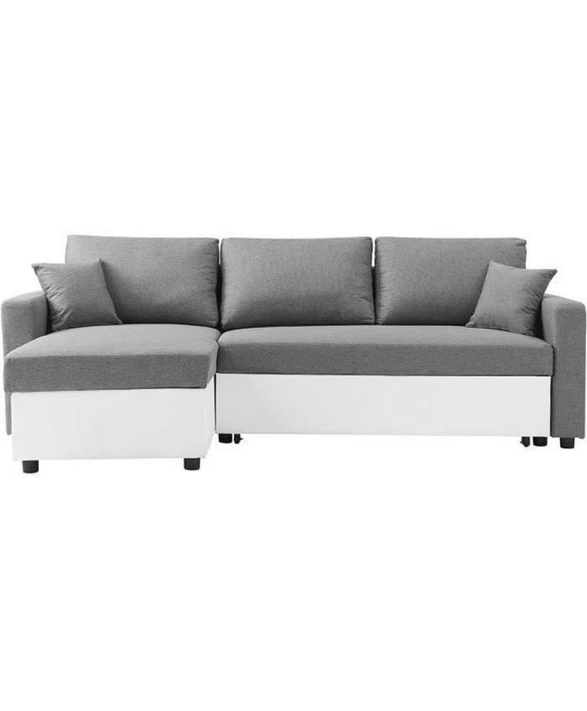 Canapé d'angle réversible convertible grand couchage + coffre - Tissu Blanc et gris - 228 x 148 x 86 cm - OWENS Canapé d'angle réversible convertible grand couchage + coffre - Tissu Blanc et gris - 228 x 148 x 86 cm - OWENS