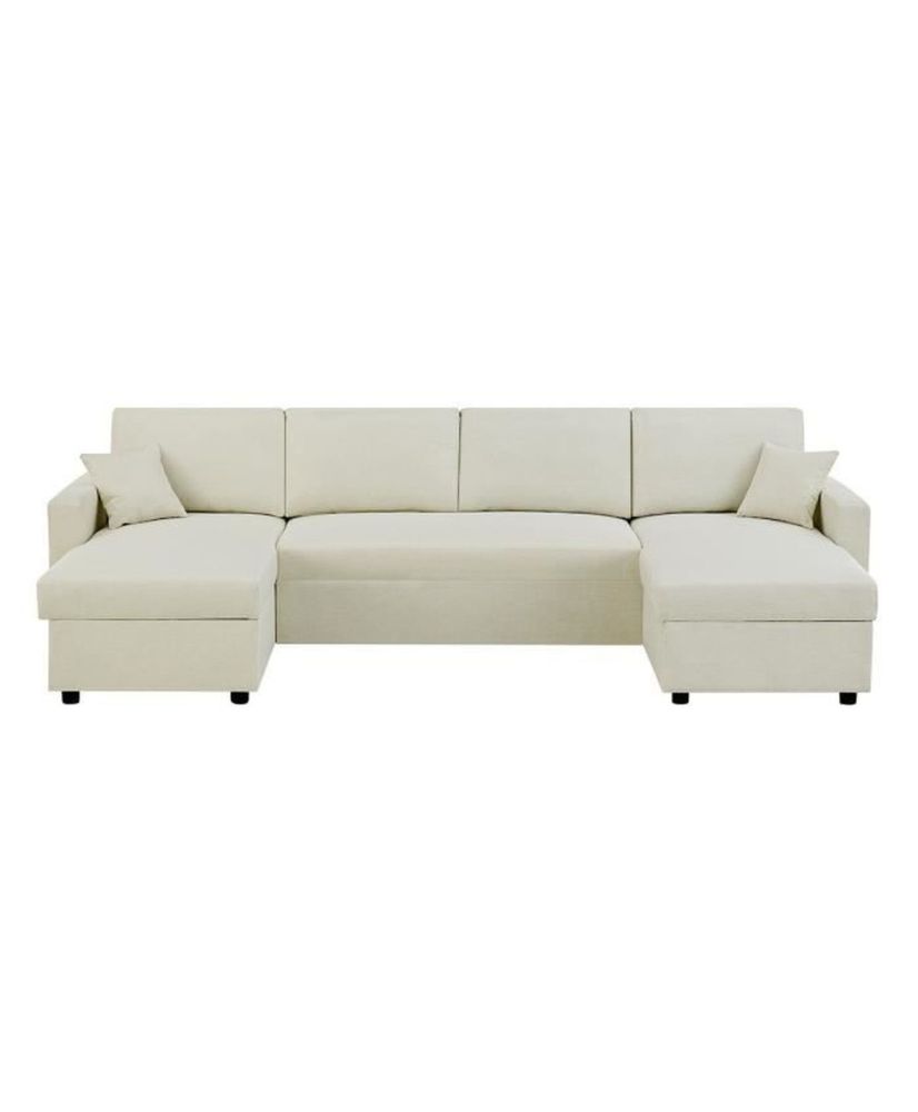 Canapé d'angle convertible panoramique + 2 coffres de rangement + 2 coussins - Tissu Beige - 300 x 148 x 83 cm - OWENS Canapé d'angle convertible panoramique + 2 coffres de rangement + 2 coussins - Tissu Beige - 300 x 148 x 83 cm - OWENS
