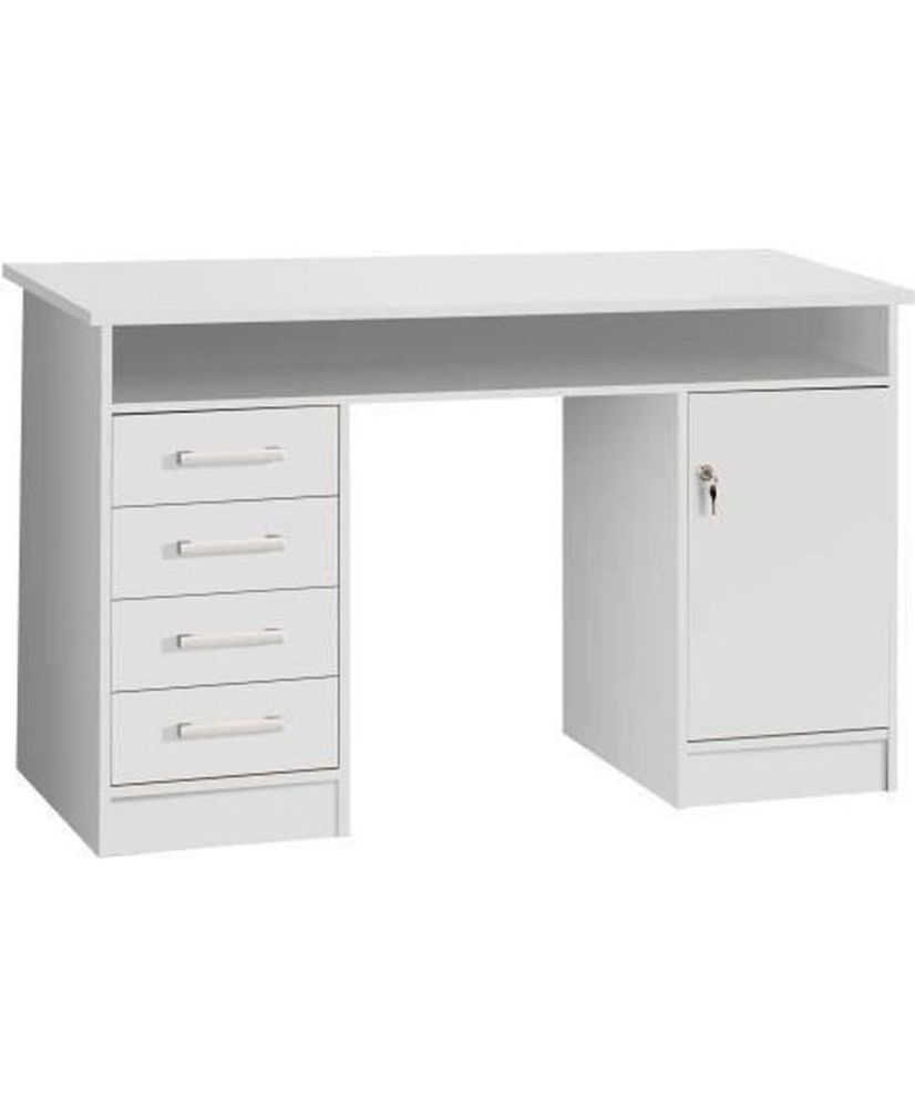 Gerader Schlüsselschreibtisch mit 1 Tür und 4 Schubladen – weißes Papier – 126 x 55 x 76 cm – ALICANTE Gerader Schlüsselschreibtisch mit 1 Tür und 4 Schubladen – weißes Papier – 126 x 55 x 76 cm – ALICANTE