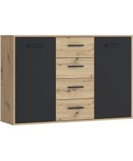 Buffet Particules mélaminé - chêne et noir - 2 portes + 4 tiroirs - 122,6 x 34,2 x 81,7 cm