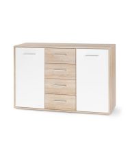 Niedriges Sideboard mit 2 Türen und 4 Schubladen – Weiß und Sonoma-Eiche – 122,6 x 34,2 x 81,1 cm