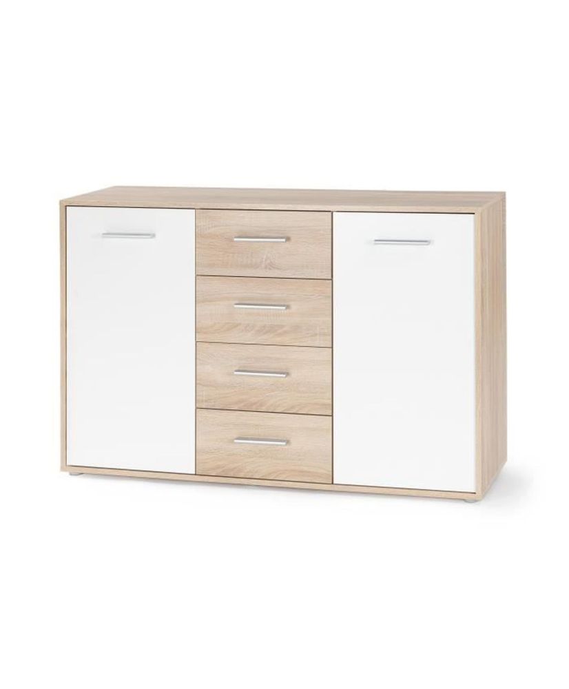 Niedriges Sideboard mit 2 Türen und 4 Schubladen – Weiß und Sonoma-Eiche – 122,6 x 34,2 x 81,1 cm Niedriges Sideboard mit 2 Türen und 4 Schubladen – Weiß und Sonoma-Eiche – 122,6 x 34,2 x 81,1 cm