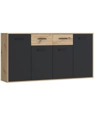 Partikel-Sideboard aus Melamin – Eiche und Schwarz – 4 Türen + 2 Schubladen – 162,3 x 34,2 x 81,7 cm