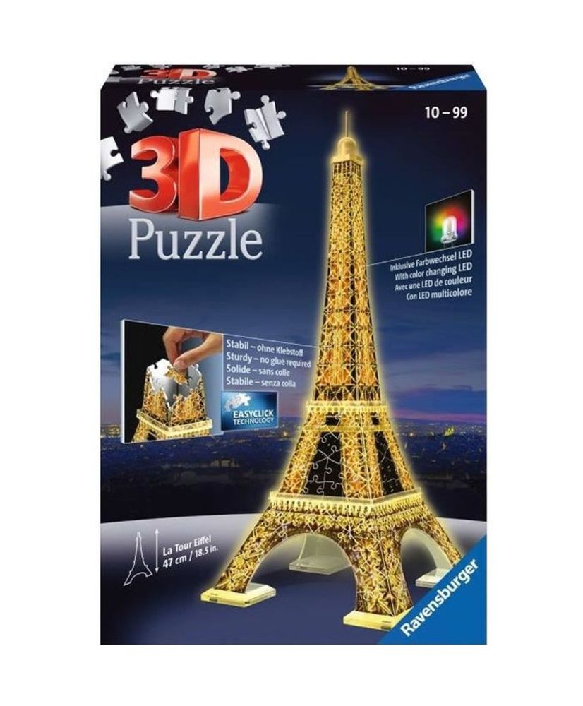 3D illuminated Eiffel Tower puzzle - Ravensburger - 216 pieces - without glue - with color LEDS 3D illuminated Eiffel Tower puzzle - Ravensburger - 216 pieces - without glue - with color LEDS