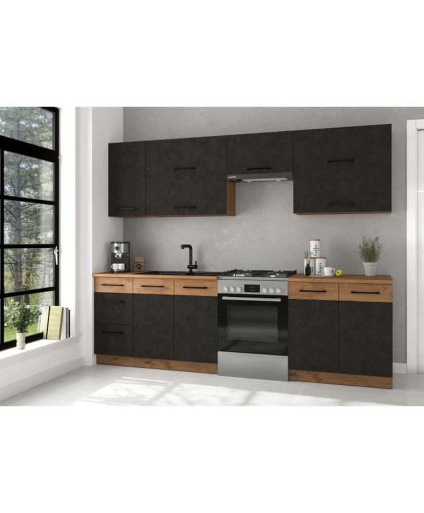 Cuisine complete 7 éléments - chêne lancelot et gris matera - 260 x 52 x 82 cm - Plan de travail non inclus Cuisine complete 7 éléments - chêne lancelot et gris matera - 260 x 52 x 82 cm - Plan de travail non inclus