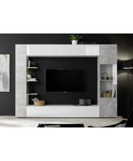 SIENNA TV-Wandkomposition – Weiß lackiert und Beton – 295 x 30 x 187 cm