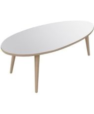 NARVIK Table basse ovale style scandinave blanc brillant avec pieds en bois - 110 x 55 cm