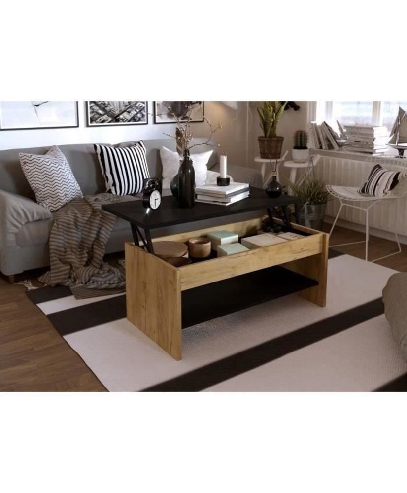 Couchtisch – Eiche und Schwarz – anhebbar – 100 x 50 x 44 cm – HAPPY Couchtisch – Eiche und Schwarz – anhebbar – 100 x 50 x 44 cm – HAPPY
