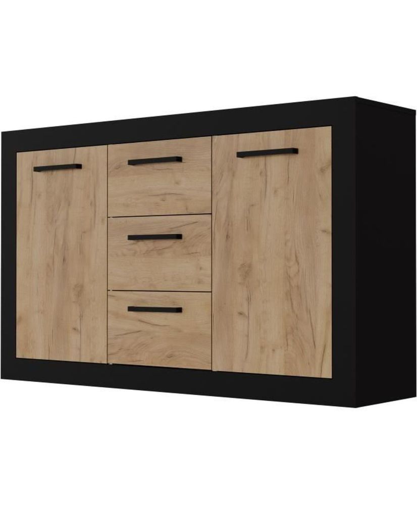 Buffet 2 Portes + 3 Tiroirs - Mélaminé chêne rustique et noir - 147 x 37 x 89 cm Buffet 2 Portes + 3 Tiroirs - Mélaminé chêne rustique et noir - 147 x 37 x 89 cm