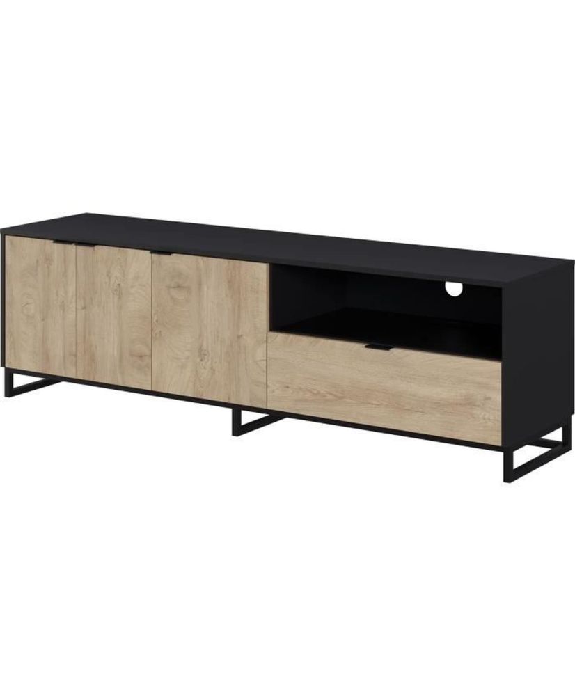 Meuble TV NEO - Mélaminé chêne et noir - 3 portes + 1 tiroir + 1 niche - 180 x 44 x 54,5 cm Meuble TV NEO - Mélaminé chêne et noir - 3 portes + 1 tiroir + 1 niche - 180 x 44 x 54,5 cm
