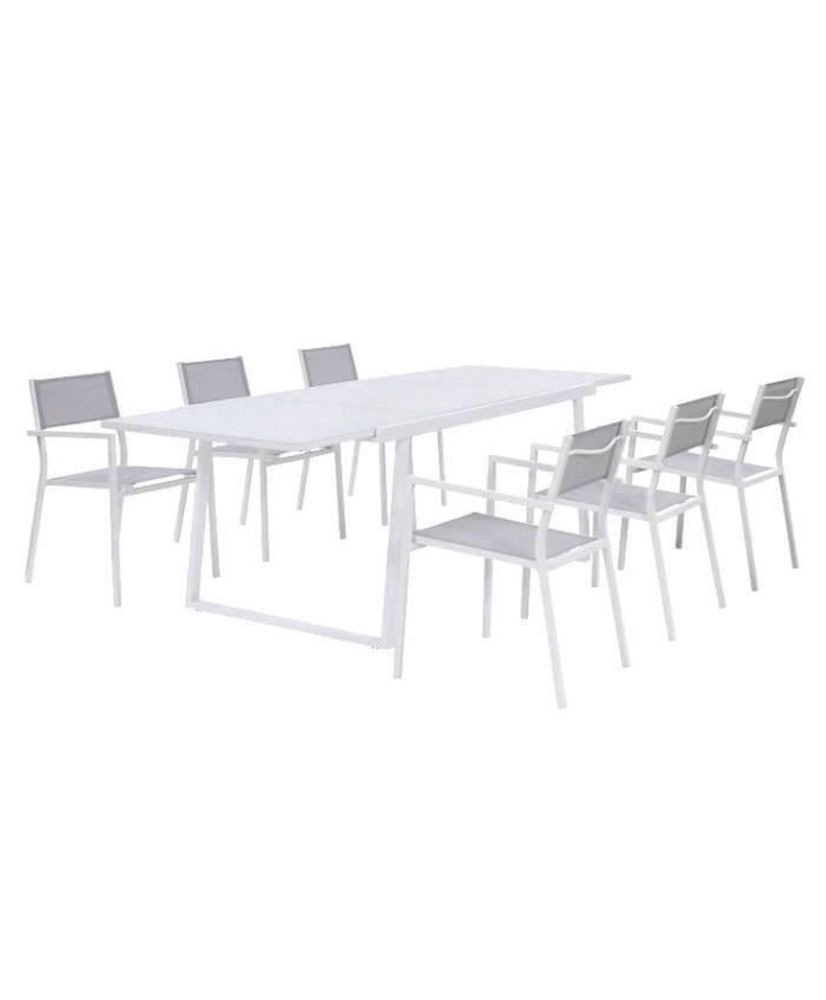 Ensemble repas 6 personnes - Table extensible 160/240 + 6 fauteuils assise textilene - Blanc Ensemble repas 6 personnes - Table extensible 160/240 + 6 fauteuils assise textilene - Blanc