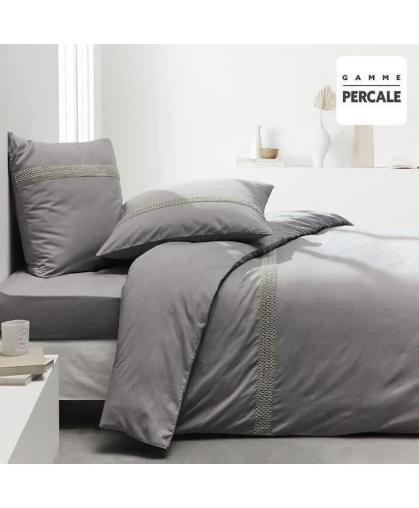 Bed set - 220 x 240 cm - 100% Percale macramé finish - Steel Bed set - 220 x 240 cm - 100% Percale macramé finish - Steel