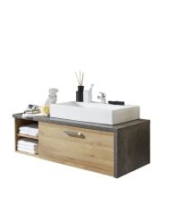 Mobile lavabo sospeso - Melaminico rovere e cemento - 1 cassetto + 2 nicchie - 123 x 53 x 54 cm
