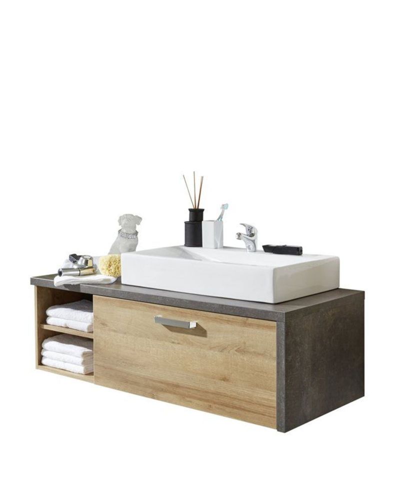 Wall-mounted vanity unit - Oak and concrete melamine - 1 drawer + 2 niches - 123 x 53 x 54 cm Wall-mounted vanity unit - Oak and concrete melamine - 1 drawer + 2 niches - 123 x 53 x 54 cm