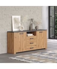 Buffet FOLLOW - Mélamine chêne artisan et gris ardoise - 2 Portes + 3 Tiroirs - 180 x 40 x 83 cm 