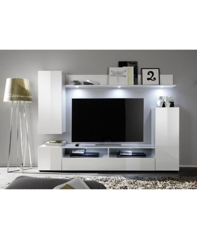 DOS TV-Schrankset – 3 Türen – LED – mattes und glänzendes weißes Melamin – 208 x 33 x 165 cm DOS TV-Schrankset – 3 Türen – LED – mattes und glänzendes weißes Melamin – 208 x 33 x 165 cm