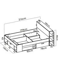 Erwachsenenbett – 140 x 190 cm – 3 Schubladen + Kopfteil mit Stauraum – Eiche und Weiß