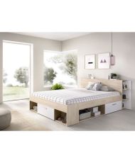 Bett für Erwachsene – 160 x 200 cm – 3 Schubladen + Kopfteil mit Stauraum – Eiche und Weiß