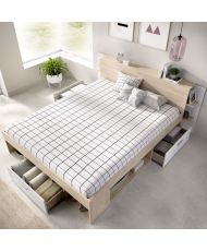 Lit adulte - 160 x 200 cm - 3 tiroirs + Tête de lit avec rangement - chêne et blanc