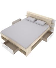 Bett für Erwachsene – 160 x 200 cm – 3 Schubladen + Kopfteil mit Stauraum – Eiche und Weiß