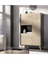 Buffet haut - graphite et chêne - 3 portes + 1 niche - NESS - 81 x 43 x 135 cm