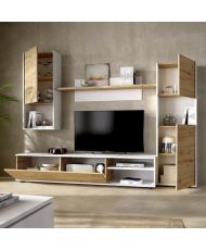 Meuble TV mural LUKA - Mélaminé blanc et chêne artisan - 4 portes - 220 x 41 x 180 cm