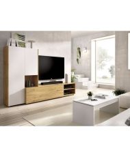 Meuble TV paroi murale - Mélaminé chêne artisan et blanc mat - 3 portes - 227 x 42 x 141 cm